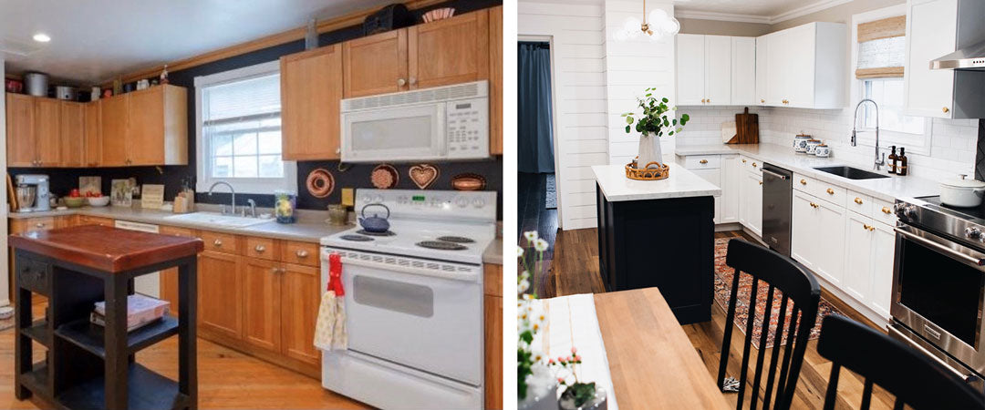 before and after kitchen renovation with brass cabinet hardware