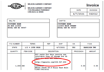 Where to find certs address on an invoice.