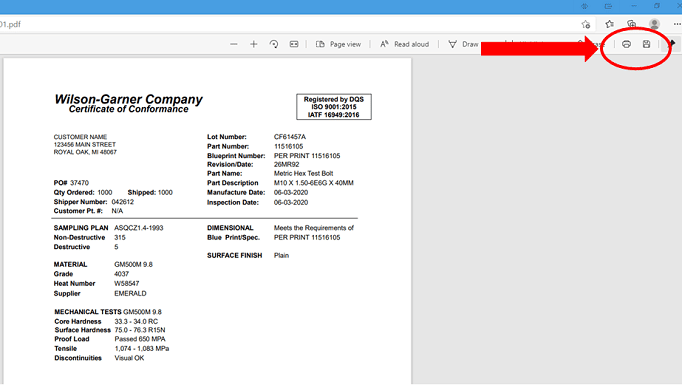 Certification Page with Location of Print and Save Buttons